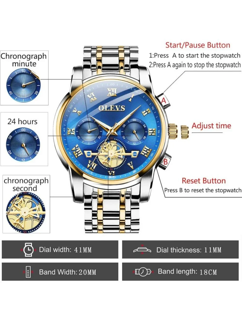 Olevs Men's Silver Blue Face Multifunction Waterproof Luminous Chronograph Watch